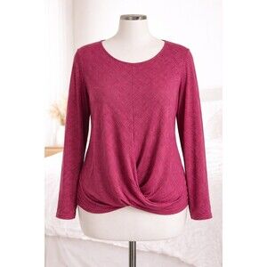 Pink Twist Front Long Sleeve Top Stretch‎ Knit Blouse Casual Flattering Fit XL
